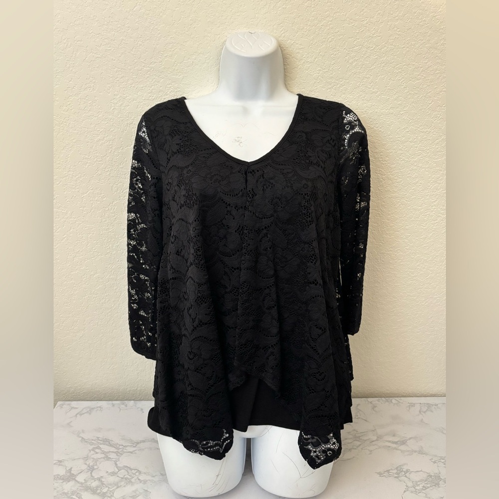 Green Envelope Long Sleeve Top Women’s M Black Crochet Semi Sheer Blouse - Picture 1 of 5